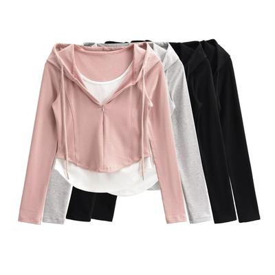 Women's Spicy Girl Faux Two-Piece Slimming Long-Sleeve Half-Zip Cropped Hoodie