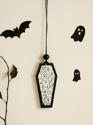 Halloween Holz Sarg Hängende Dekoration, Niedlicher Geist Dekor Anhänger, Auto Rückspiegel Schmuck, Ideales Geschenk für Zuhause & Party