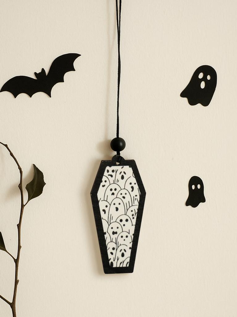 Halloween Wooden Coffin Hanging Decoration, Cute Ghost Decor Pendant, Car Rearview Mirror Ornament, Ideal Gift for Home & Party