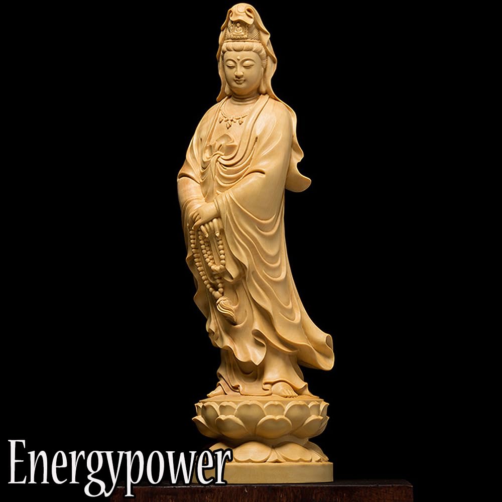 Standing Kannon Bodhisattva Natural Boxwood Wooden Buddha Boxwood Kannon Avalokitesvara Kannon Statue Statue, Carving, Statue, Sculpture, Bodhisattva,