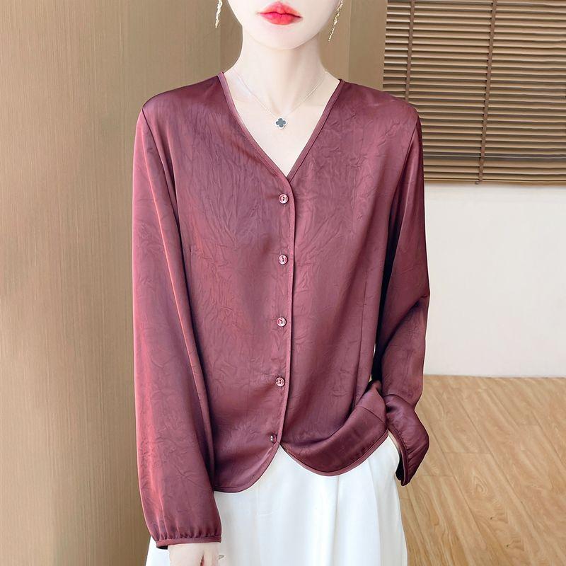 Women's Luxury Satin Blouse Long Sleeve Loose V-Neck Shirt Spring and Summer