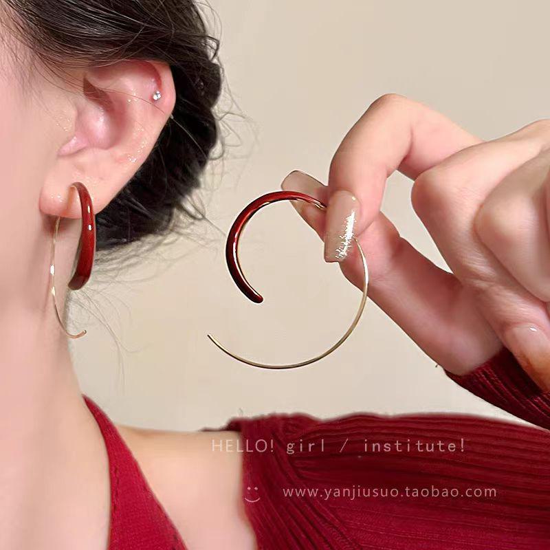 Retro Wine Red Drip Glaze Hoop Earrings for Women