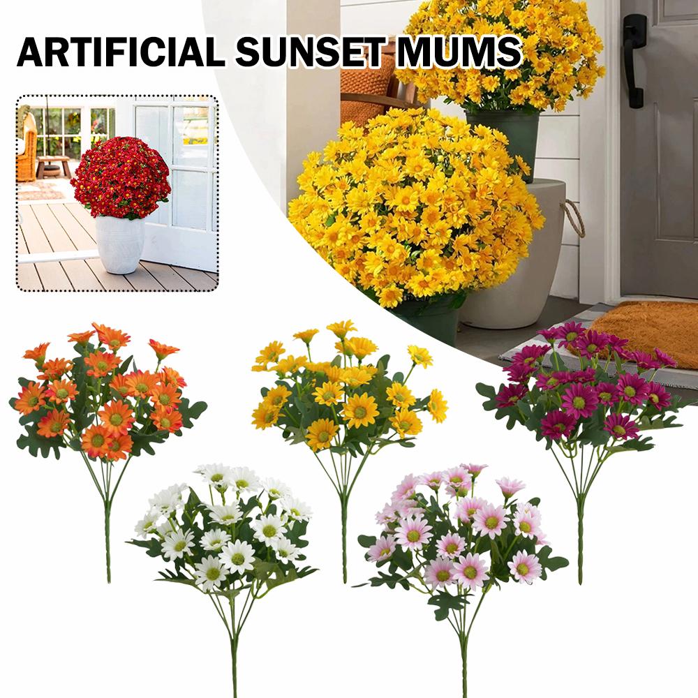 Artificial Sunset Mums Flowers Waterproof Fake Fall Flowers for Outdoor Garden Patio Home Planters Autumn Decorations(5 Bundle)