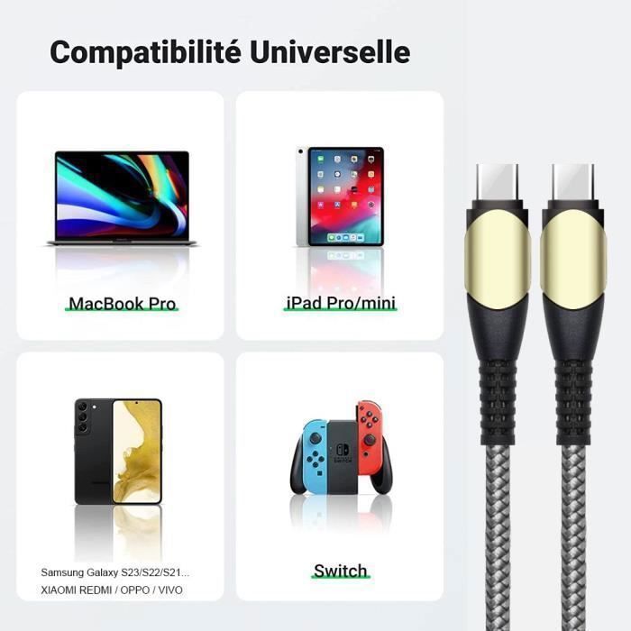 Chargeur Secteur Rapide 25W - compatible iPhone - USB-C - Câble 60W - Noir - 1 mètre - e.F.Connection