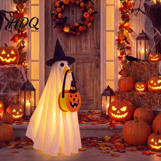 Spooky Holiday Atmosphere Apparel Halloween Glowing Ghost Costume with Witch Hat & Pumpkin Tote Bag LED Party Dress Light Up Fabric Outfit for Kids,