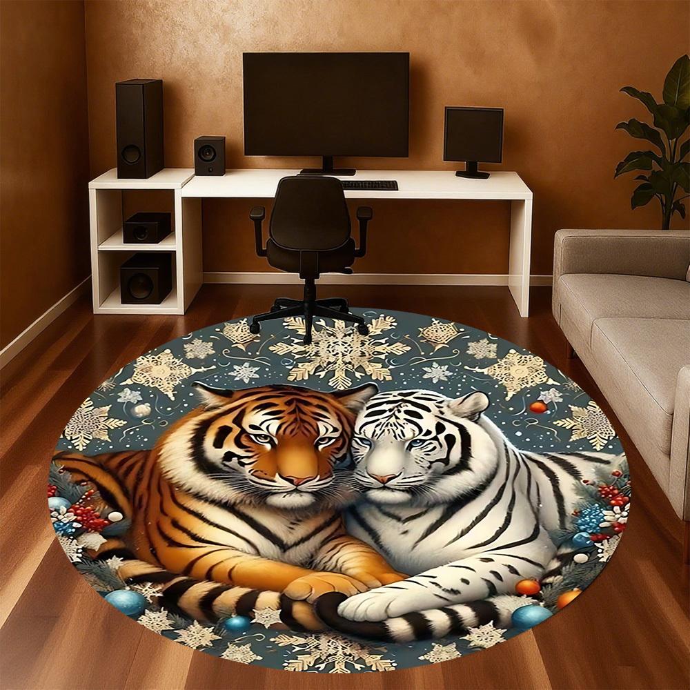 1pc Tiger Snowflake Round Chair mat office Area Rug - Non-Slip, Floor Mat for Office, Bedroom, and Indoor Decor p127010