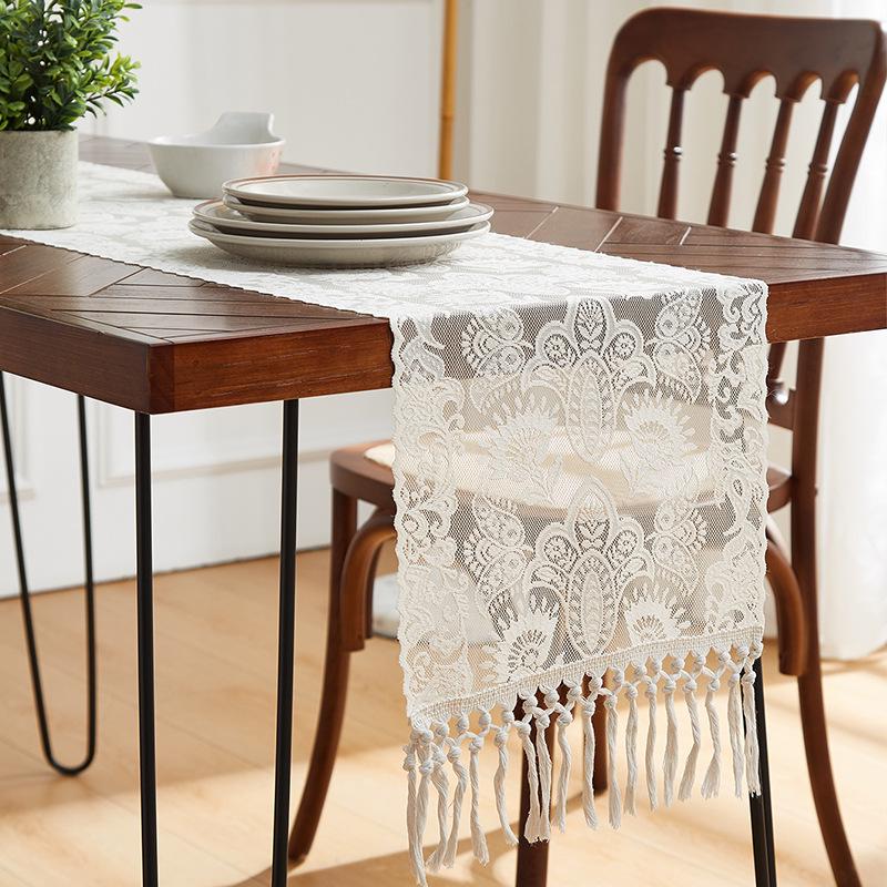 Elegant Nordic White Lace Table Runner with Crochet Tassels - Perfect for Dining or Coffee Tables, Ideal for Christmas Decor.