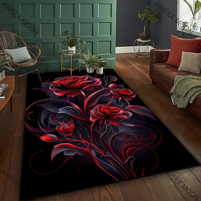 15 Sizes Dark Red Rose Art Carpet Rug for Living Room Bedroom Sofa Doormat Non-slip Floor Mat, Modern Style Mat Wonderful Gift