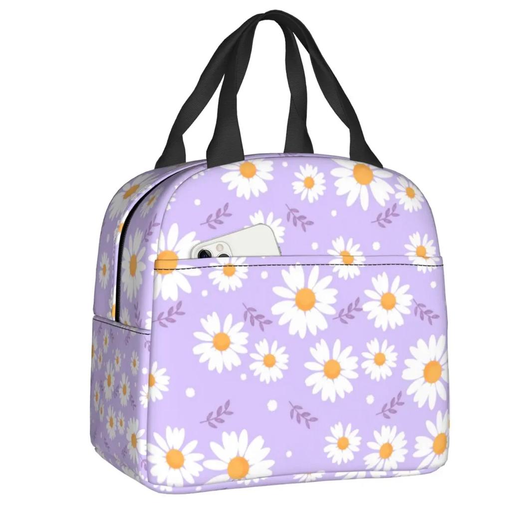 Floral Daisy Print Insulated Lunch Bag for Women Chamomile Flowers Cooler Thermal Lunch Tote Box Portable Picnic Food Bento Bags