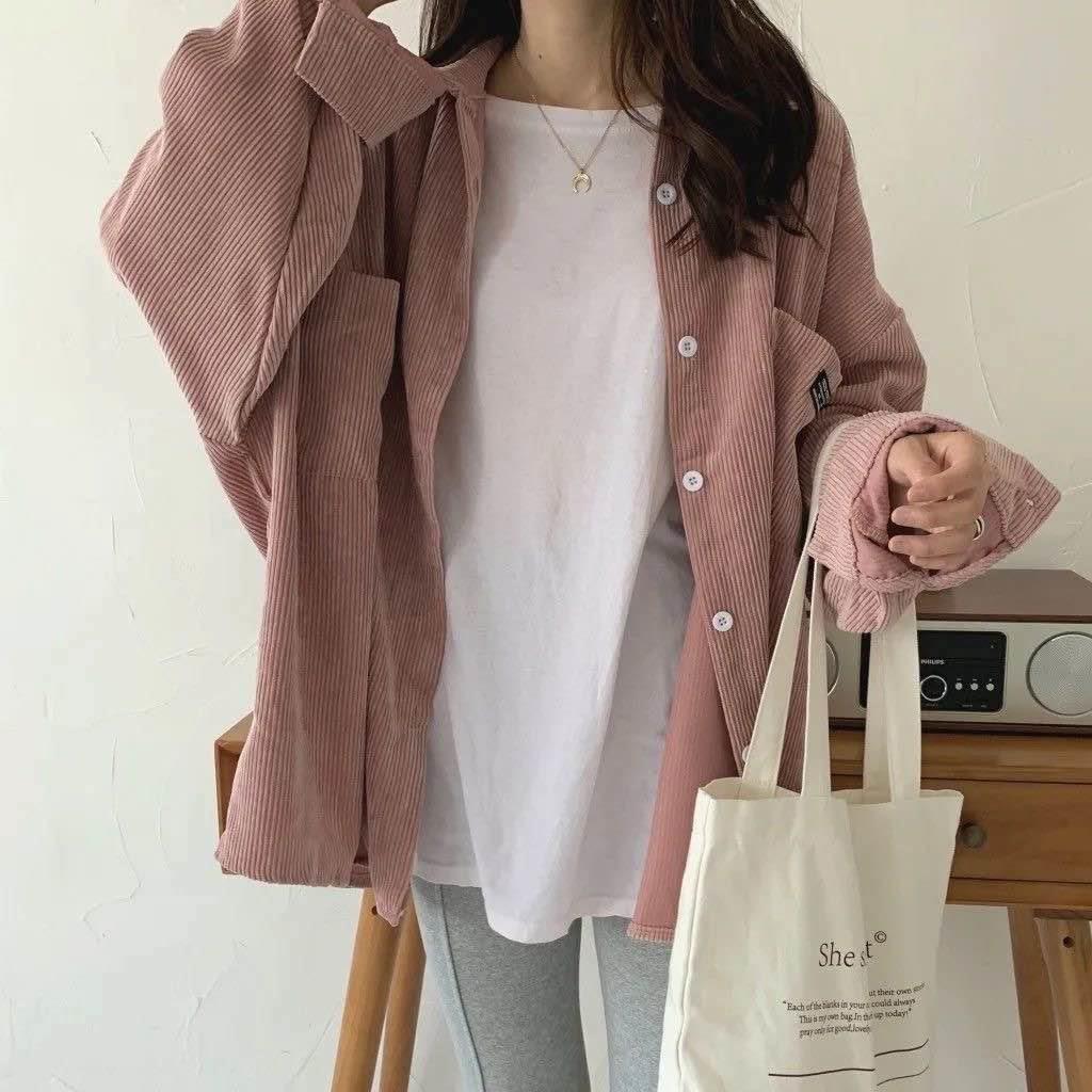 Dámská manšestrová košile s dlouhým rukávem - Podzim 2024, Korejský a Hongkongský retro styl, Volný střih, Tenká bunda.