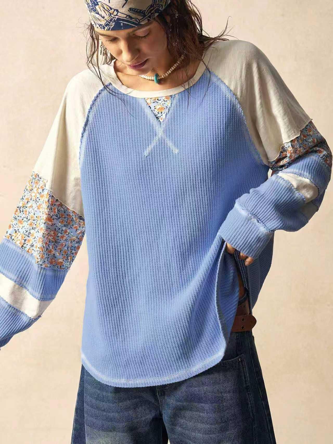 

Women s Loose Casual Printed Patchwork Round Neck Long Sleeve T-shirt - Spring 2026 5XL синий