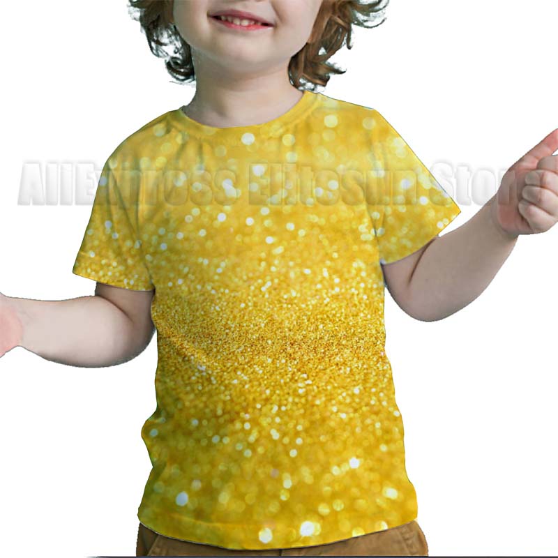 

Літня Креативна Блискуча Золота Дитяча Футболка Малюк Смішна Футболка Хлопчики Дівчатка Підлітки Барвиста 3D Футболка 140