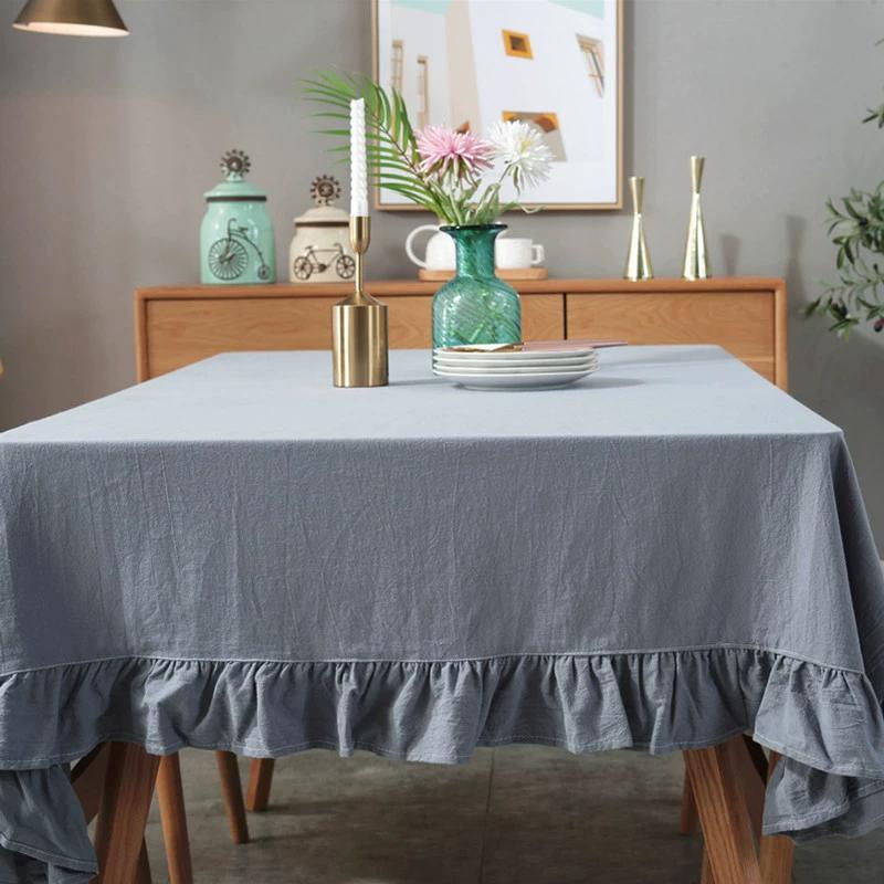 Solid Color Ruffled Tablecloth Cotton Rectangular Square Table Cover Decoration For Kitchen Dinning