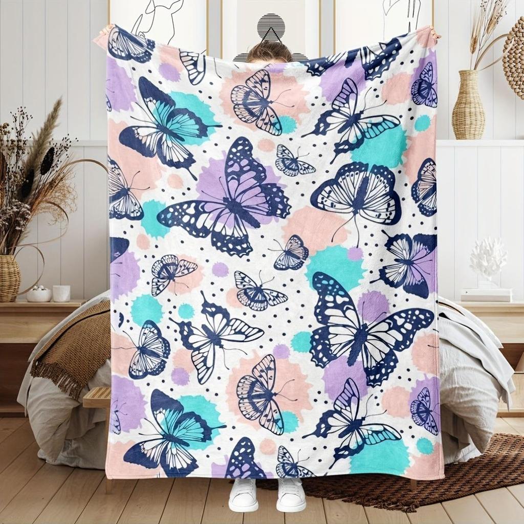 1pc Butterfly Print Blanket, Polyester Fabric, Machine Washable, Suitable for Bedroom Sofa Décor.