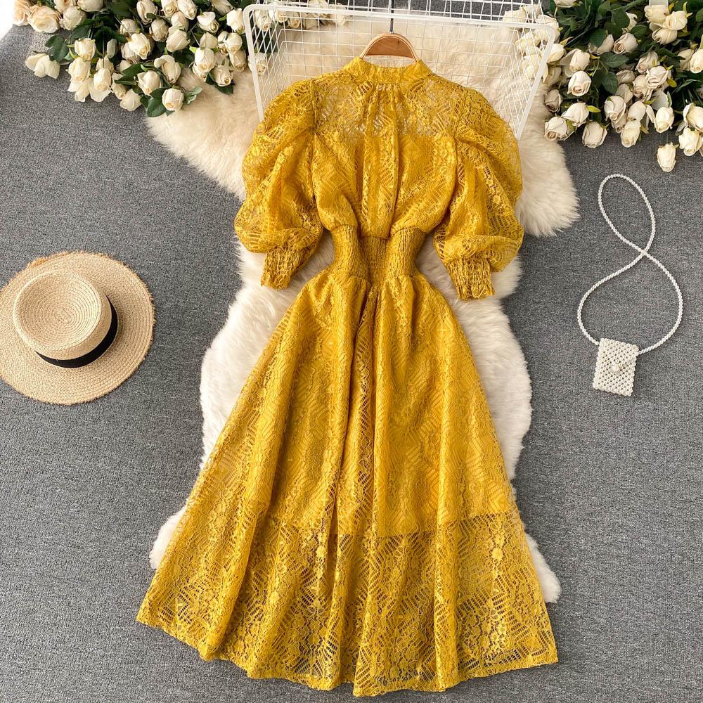 Vintage Frauen Spitzenkleid Frühling Herbst Puffärmel Hohe Taille Party Robe Weiblich Elegant Grün Lila Midi Kleider