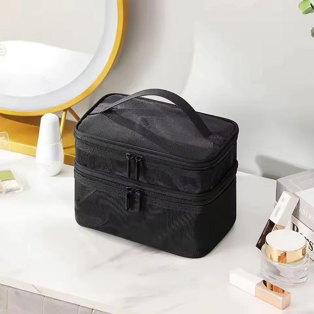 1pc-Double Layer Mesh Makeup Bag, Large Capacity Travel, Simple and Portable Toiletry Bag, Hand-held Cosmetics Storage Bag