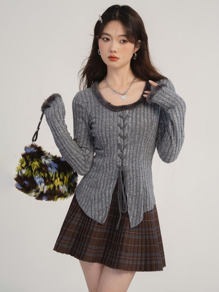 Bandáž Stahovací šňůrka Pletený Cardigan Ženy Podzim Zima Vintage Split Cardigans Korejská móda Y2k Svetry Spodní část Košile Top