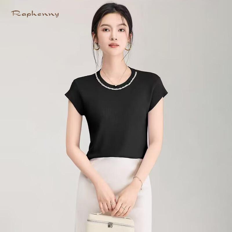 Raphenny Women s Studded Round Neck Short Sleeve Knit Top F