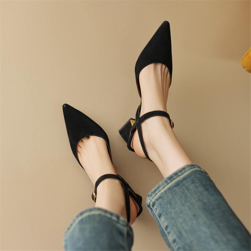 Fashion New Summer Sandals Sheep Suede Women Sandals Pointed Toe Back Strap Chunky Heel Shoes for Women Casual Shoes Zapatos De Mujer