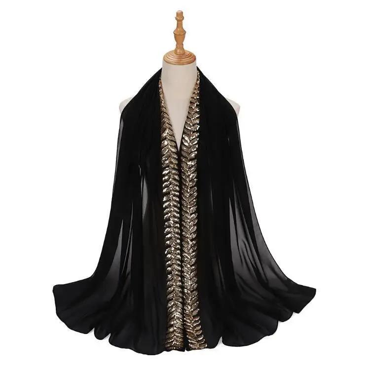High Quality Pearls Chiffon Scarf Muslim Women Sequins Hijab Headwrap Arab Plain Turban Shawls Hair Accessories 175*70cm