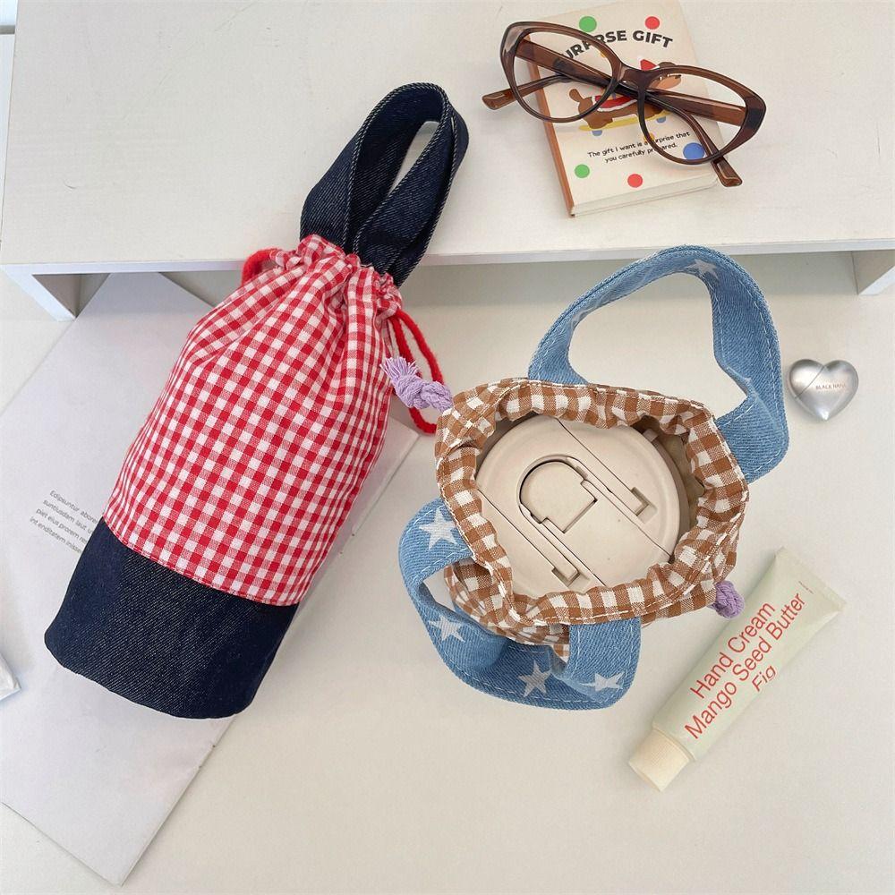 Outdoor Drawstring Canvas Cup Bag Grid Small Storage Bag Fashionable Water Bottle Cover  Outdoor