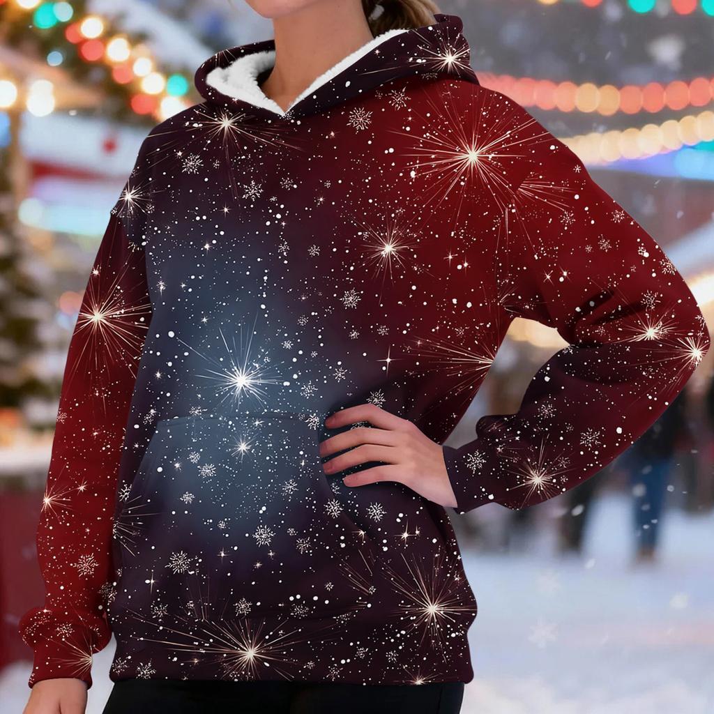 Women's Fashionable Casual Long-Sleeved Christmas Print Fleece-Lined Thick Hooded Sweatshirt