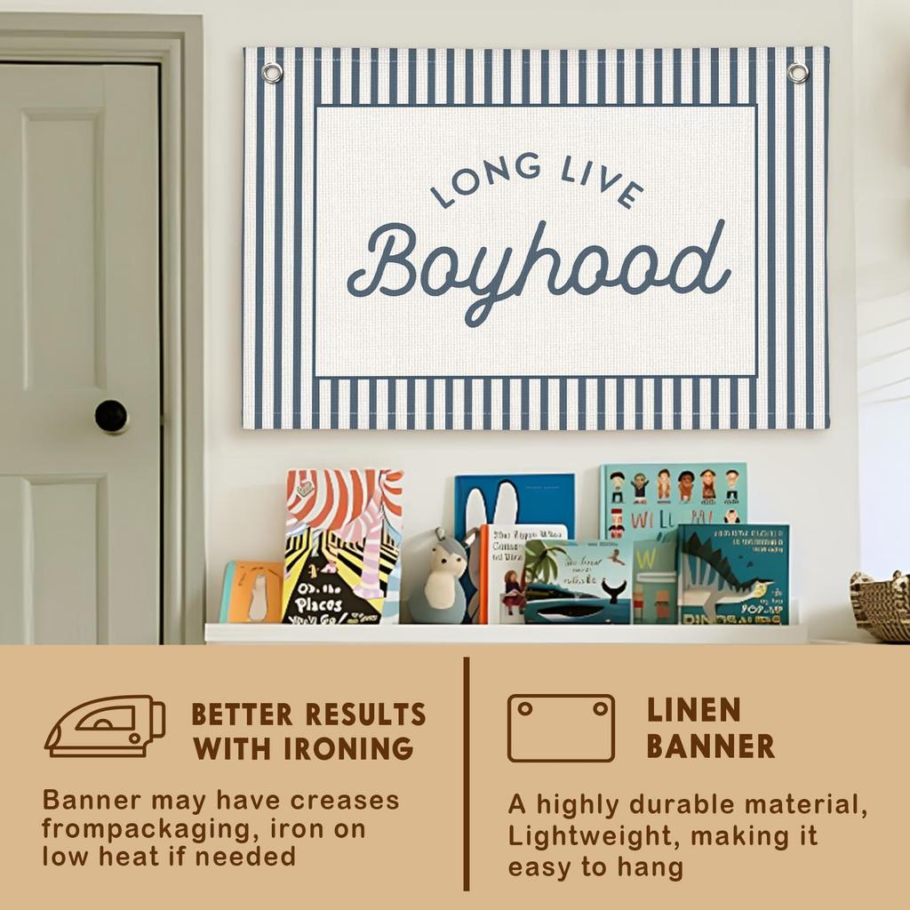 Lacama Vintage Blue Long Live Boyhood Boys Room Decor, Boy Nursery Decor, Linen Banner Wall Hanging Canvas Banner Flag Decor for Toddler Boy Room