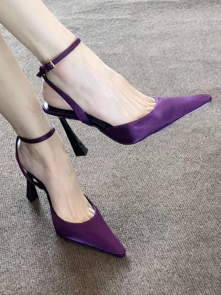 

Sexy cut men s pointed high heels women s French one-word buckle purple satin stiletto sandals 34
