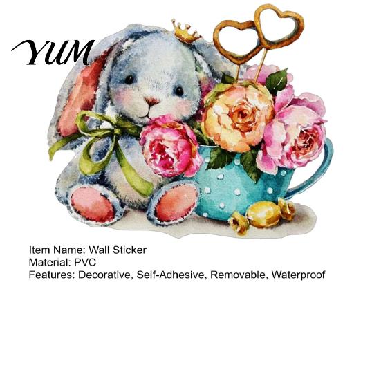 Watercolor Rabbit Wall Decals & Flowers Light Switch Sticker, Cute Bunny Peel And Stick Decal, Creative Home Interior Decor PVC Waterproof Art Decors