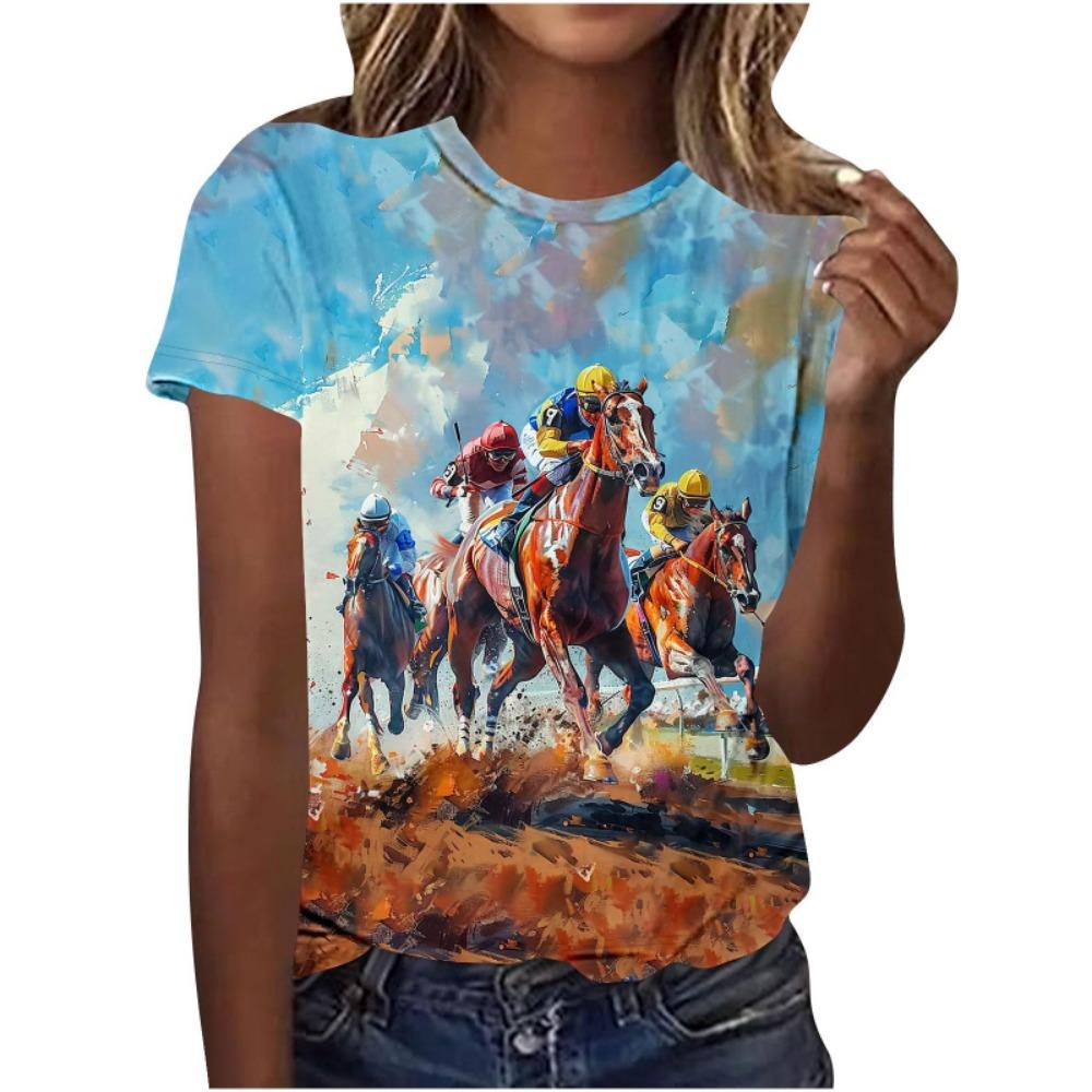 Nuova T-shirt da Uomo a Manica Corta con Stampa 3D di Cavalli da Corsa Personalità Animale Cavallo Girocollo Estiva Casual Abbigliamento Donna