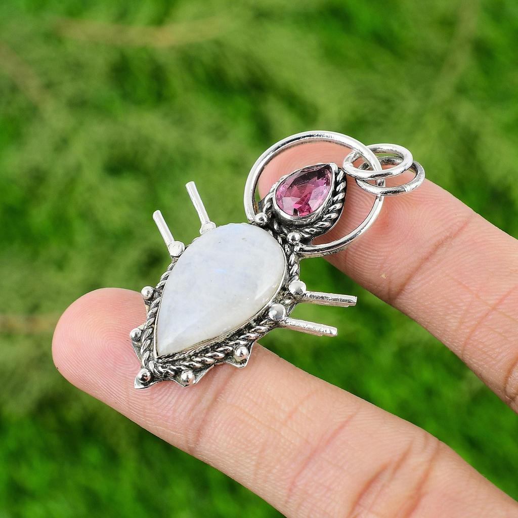Rainbow Moonstone Gemstone Pink Tourmaline Pendant Jewelry 925 Sterling Silver