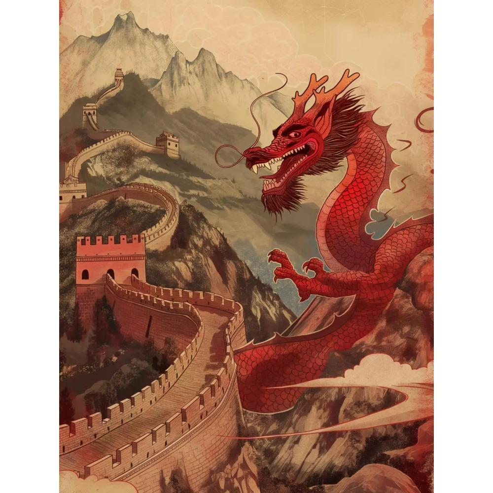 Vintage Iconic Mysterious Grand Chinese Loong Poster The Great Wall Modern Prints Canvas Wall Art Picture Home Living Room Decor