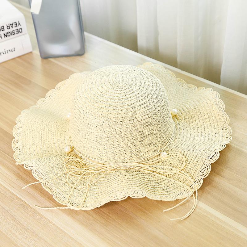 1Pc Women'S Khaki Wave Beach Sun Hat With Faux Pearl & Bowknot Detail, Elegant Beach Travel Vacation Sun Hat For Vocation,Party
