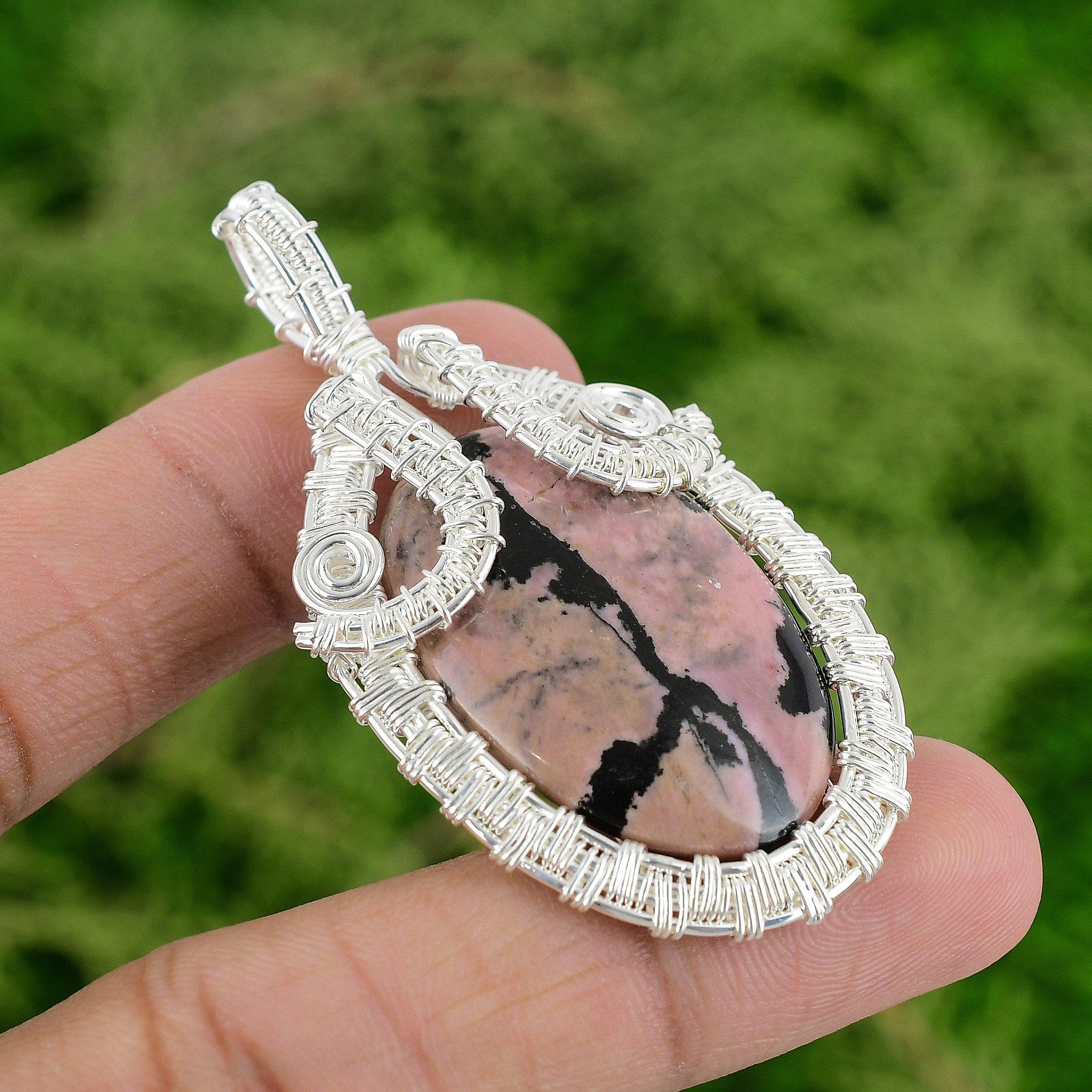 

Oval Rhodonite Gemstone Bezel Wife Wire Wrapped Elegant Pendant Sterling Silver