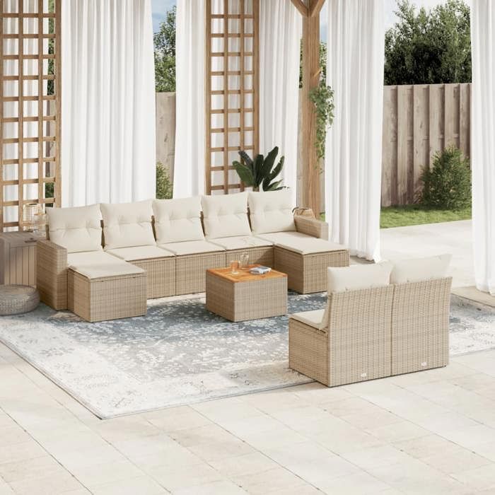 VidaXL Salon de Jardin avec Coussins 10 pcs, Canapés de Terrasse, Ensemble de Meubles de Patio, Mobilier d'Extérieur, Beige 3256653