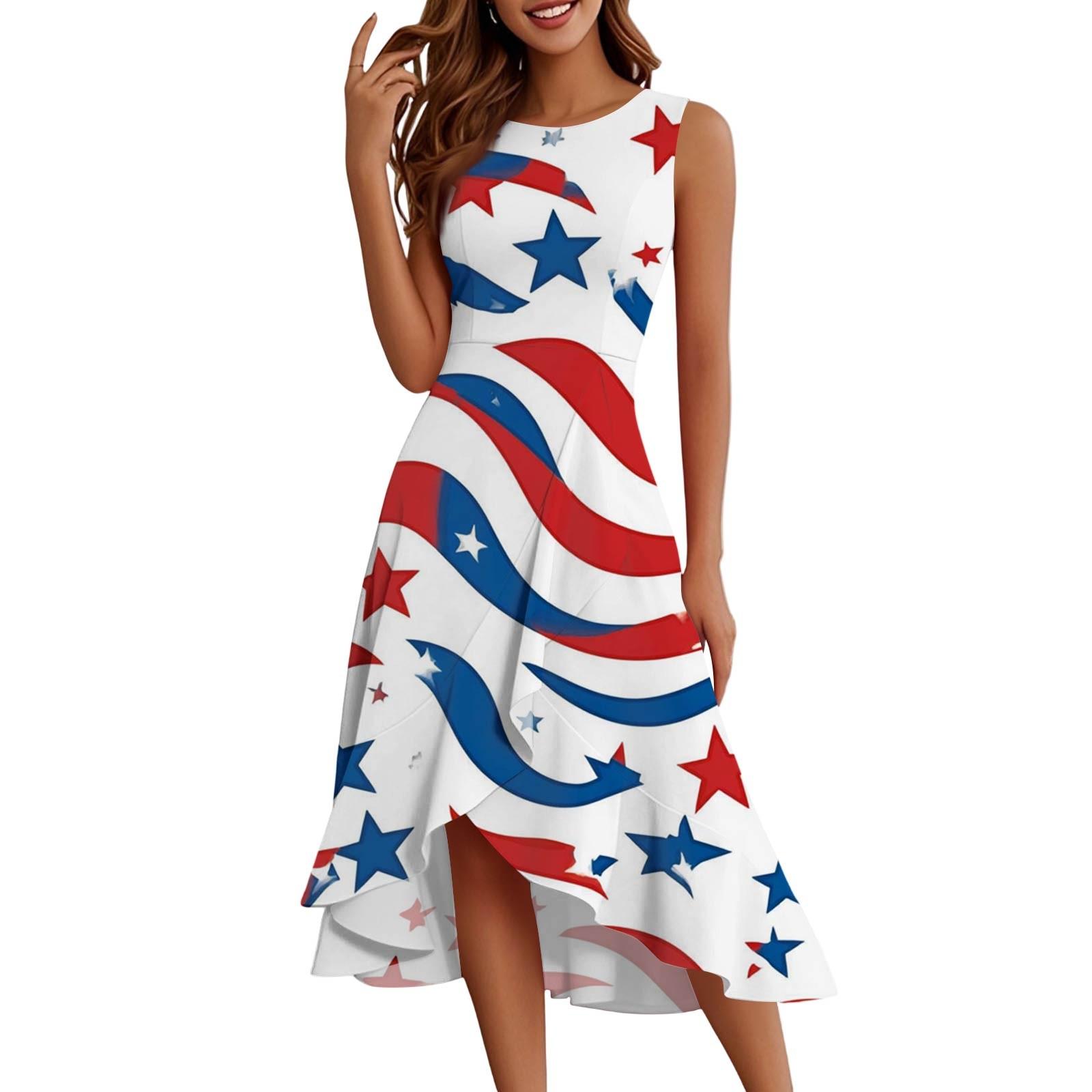 

Женская мода повседневная молния без рукавов круглый вырез День независимости элегантный темперамент оборки платья платья XL