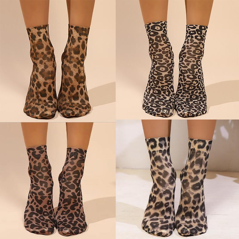 

4PCS Leopard Large Flower Print Short Socks Single Summer High Elastic Comfortable Breathable Ultra Thin Shoes Short Stockings One Size