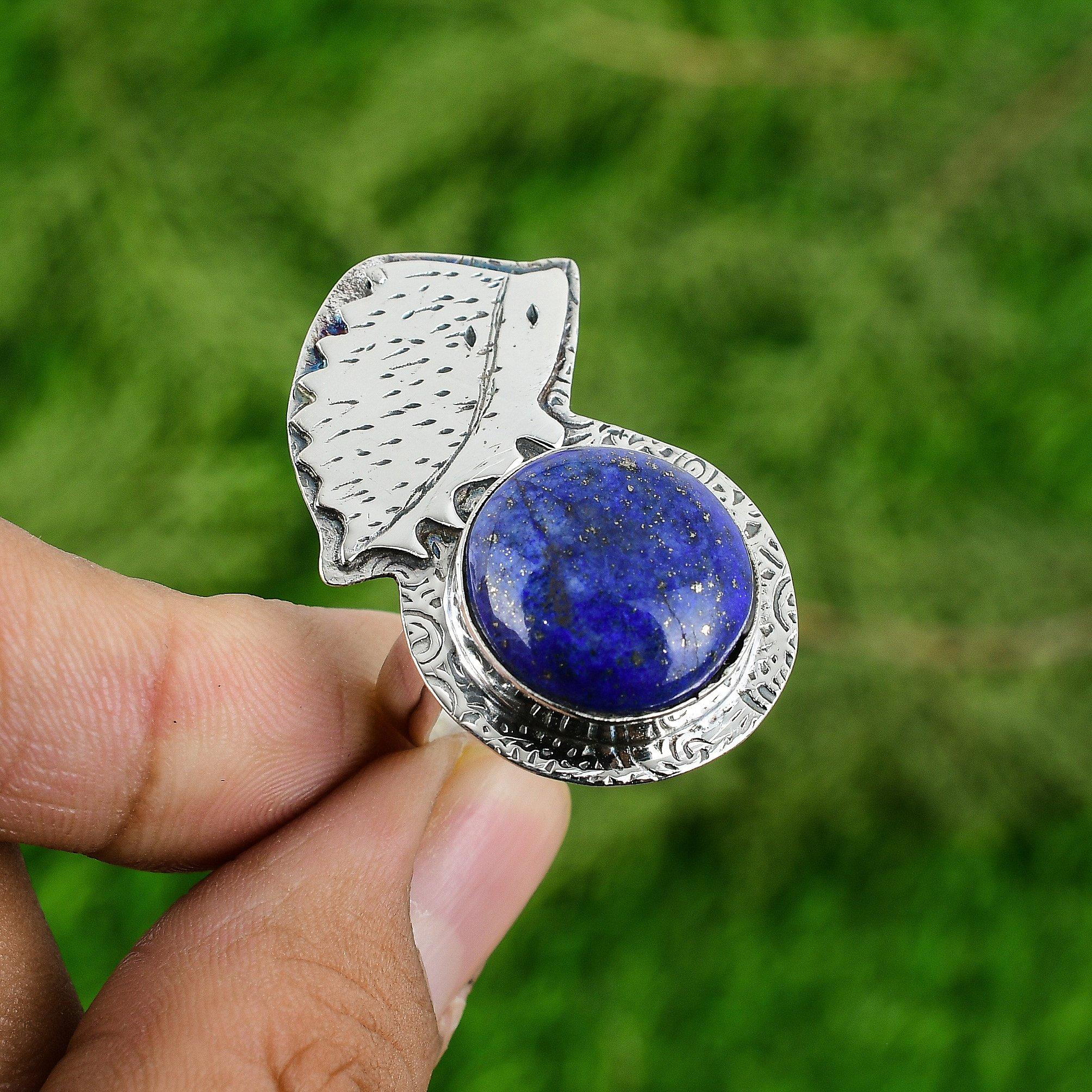 

Sterling Silver Round Natural Lapis Lazuli Bezel Solitaire Elegant Ring Jewelry Adjustable