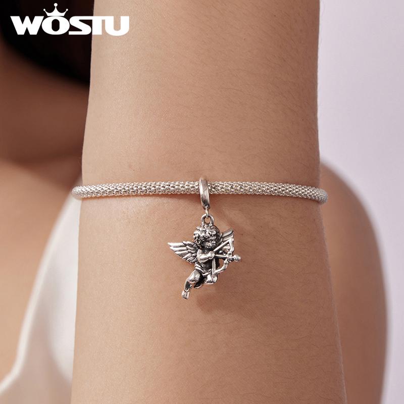 WOSTU 925 Sterling Silver 3D Vintage Pendant Cupid Angel Beads Classic Charm for Women DIY Bracelet Accessories Birthday Gift