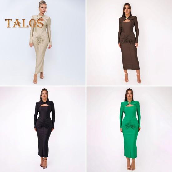 Women Evening Dress Hollow Out Bodycon Metal Buckle Ruched Elastic Pure Color Midi Dress Long Sleeve Prom Party Dress