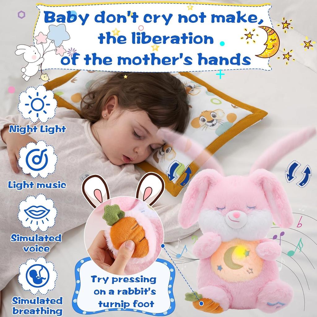 MIAODAM Breathing Stuffed Animal Bunny Plush with Realistic Breathing Action and Lighted Music Perfect for Babies and Kids