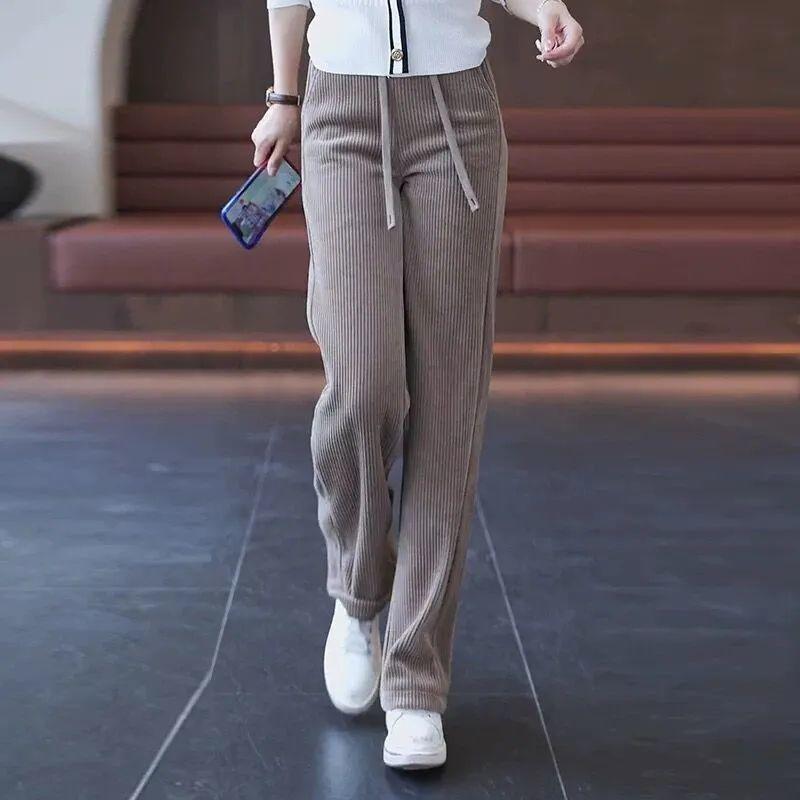 Women's Black Corduroy Wide-Leg Pants with Fleece Lining for Autumn/Winter 2025