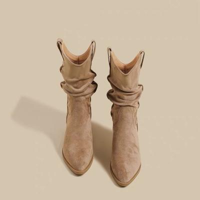 2025 Autumn and Winter New Thick-heeled Martin Boots Women's Retro Wasteland Wind Pleated Medium Boots High-heeled Suede Knight Boots