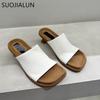 Fashion SUOJIALUN 2025 Summer New Brand Women Slipper Fashion Square Toe Slip On Ladies Elegant Slides Square Med Heel Casual Sandal Sho