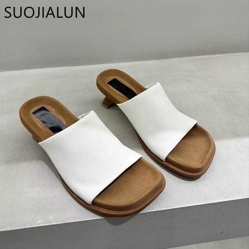 Fashion SUOJIALUN 2025 Summer New Brand Women Slipper Fashion Square Toe Slip On Ladies Elegant Slides Square Med Heel Casual Sandal Sho