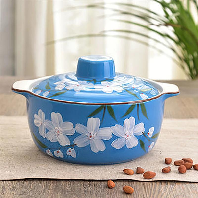 22cm Japanese Style Hand-painted Cherry Blossom Underglaze Color Ceramic Soup Pot Kitchen Household Tableware Kitchenware