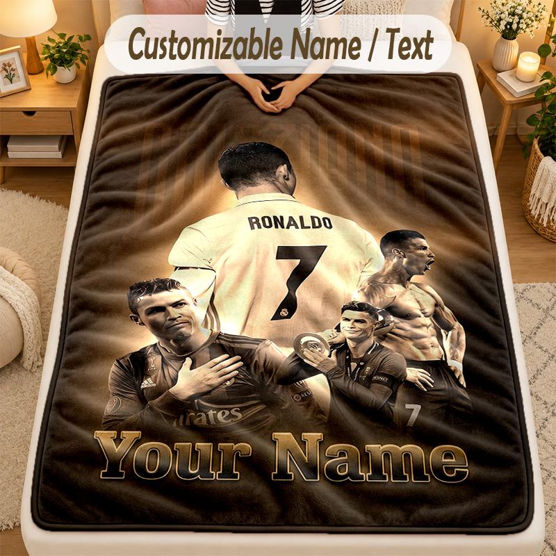 Flannel BlanketCristiano Ronaldo Custom Name Text Personalized Soft Warm Throw Blanket Home Decor Gift