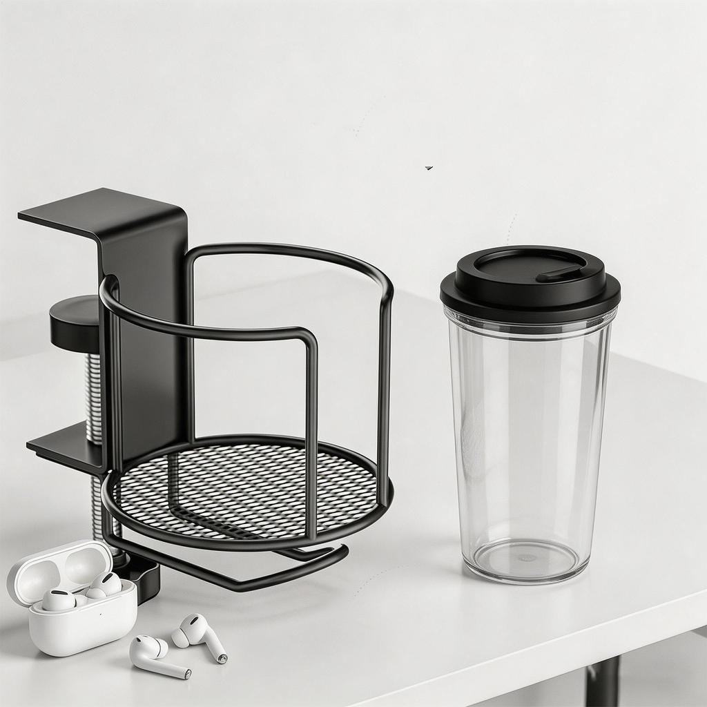2-in-1 Table Cup Holder Tabletop Drinks Organizer With Headphone Hanger Adjustable Clip On Cup Bottle Placement Rack