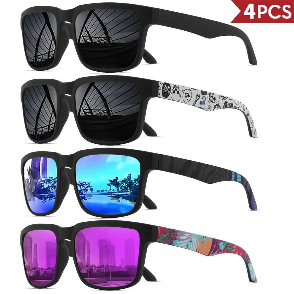 4PCS Square Sports Sunglasses with Designer Temple Pattern - UV400 for Men Women Beach Vacation 7