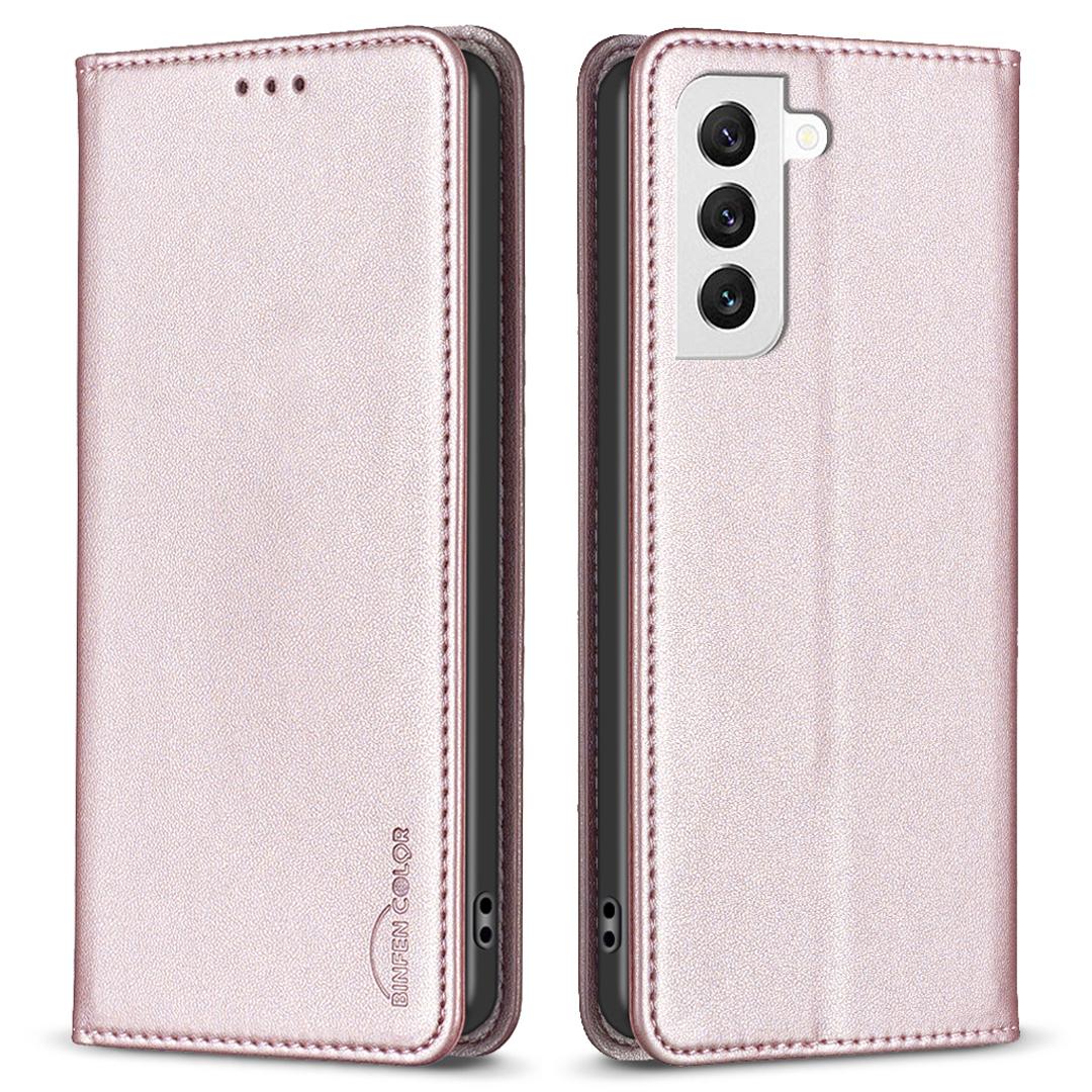 

BINFEN COLOR BF18 Phone Case for Samsung Galaxy S21 FE 5G Card Holder PU Leather Stand Cover Rose Gold